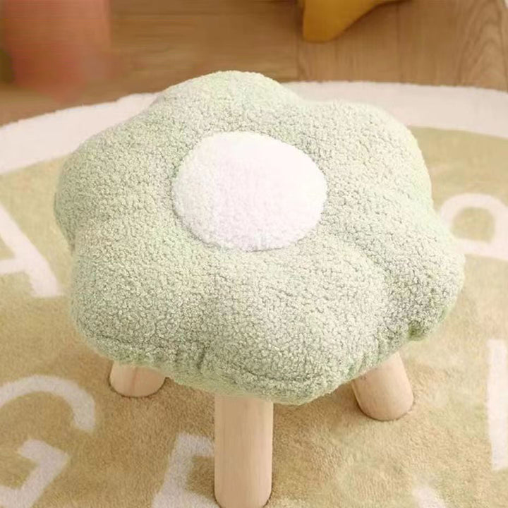 Contemporary Creative Flower Shape Sherpa Fabric Pine Wood Footstool For Entryways