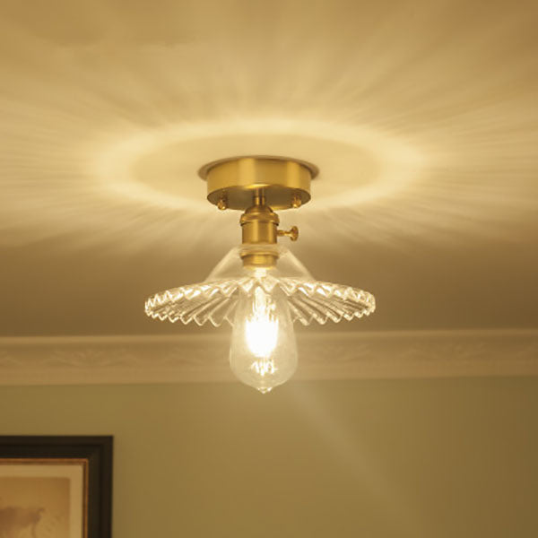 Traditionelle Vintage Runde Ripple Messing Glas 1-Licht Semi-Flush Mount Deckenleuchte Für Wohnzimmer 