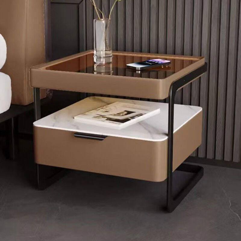 Table de nuit moderne minimaliste rectangulaire en verre renforcé avec dalle de roche et fer, 1 tiroir pour chambre à coucher 
