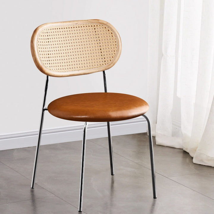 Contemporary Vintage Round Rectangular Rubberwood Plywood Iron Faux Leather PE Rattan Dining Chair Backrest For Dining Room