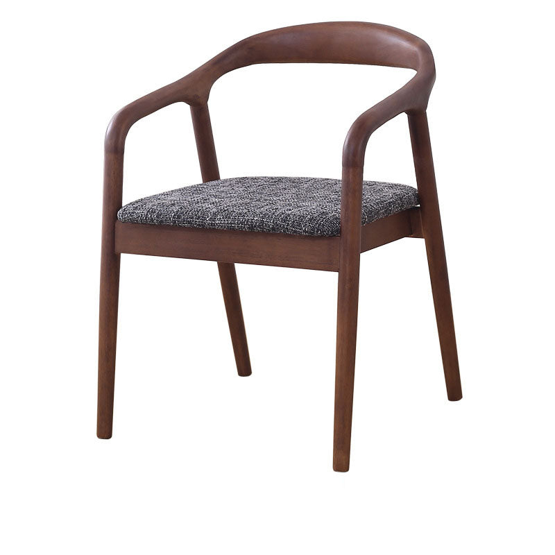 Moderner minimalistischer Esszimmerstuhl mit gebogenem Rahmen aus Kautschukholz, Baumwoll-Leinen-Bezug, Rückenlehne und Armlehnen für das Esszimmer 