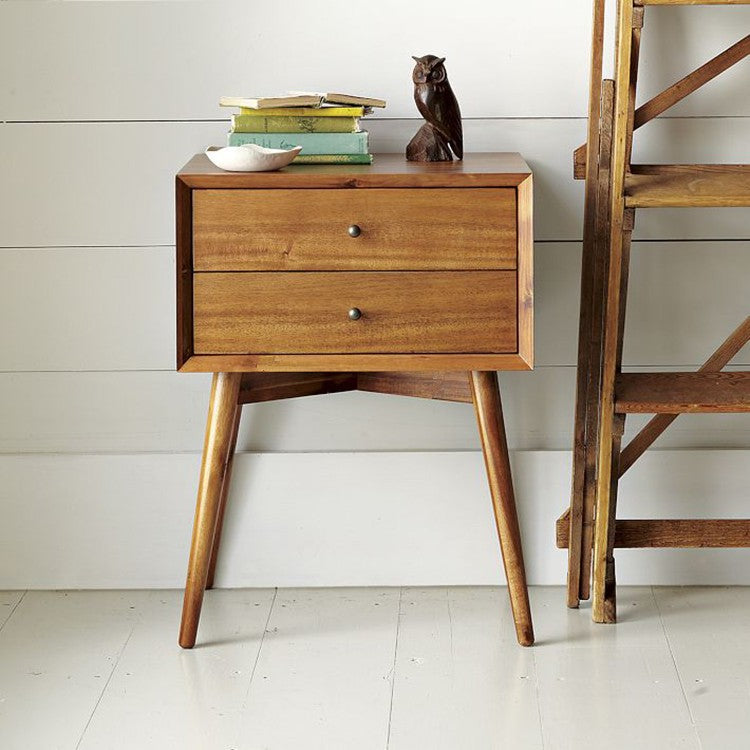 Contemporary Nordic Rectangular Wood Side Table 2-Drawer For Living Room