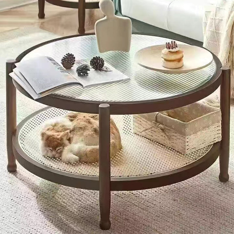 Table basse ronde minimaliste moderne en hévéa avec plateau en verre et faux rotin, à 2 niveaux, pour salon 