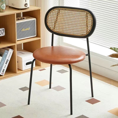Contemporary Nordic Round PU Leather Wood Rattan Chair Backrest For Living Room