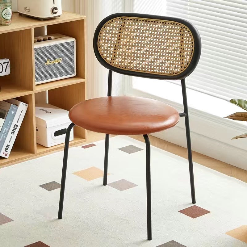Contemporary Nordic Round PU Leather Wood Rattan Chair Backrest For Living Room