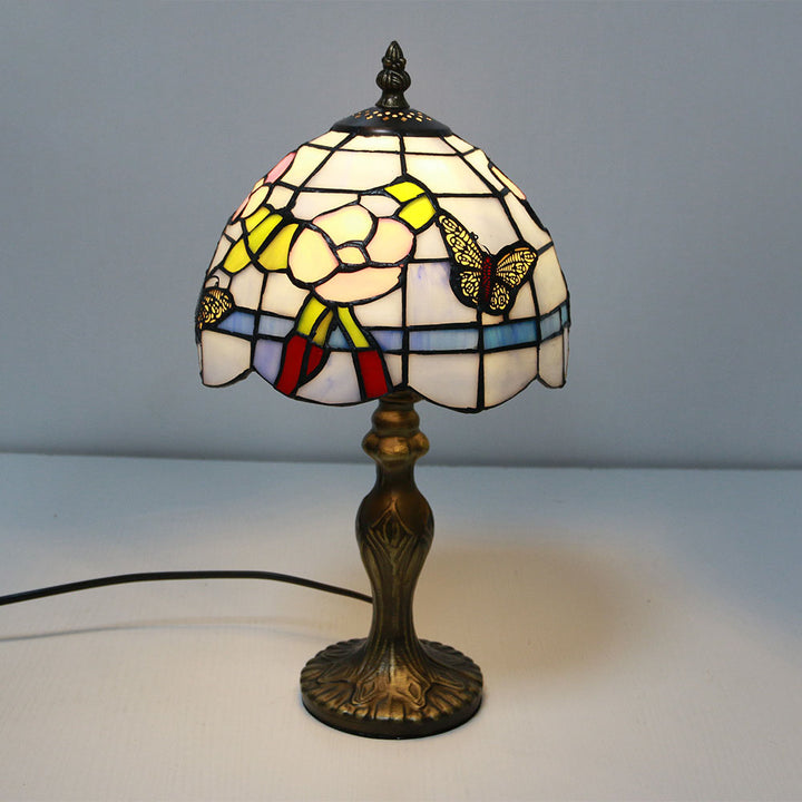 Vintage Tiffany Tierblumen Dekoration Buntglas Kuppel 1-Licht Tischlampe 
