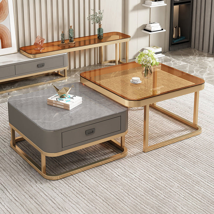 Modern Minimalist Square Rock Slab Glass Carbon Steel Faux Leather MDF Combination Coffee Table 1-Drawer For Living Room