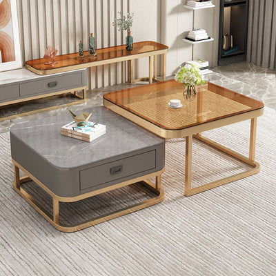 Table basse moderne minimaliste carrée en dalle de roche, verre et métal, avec 1 tiroir pour le salon 