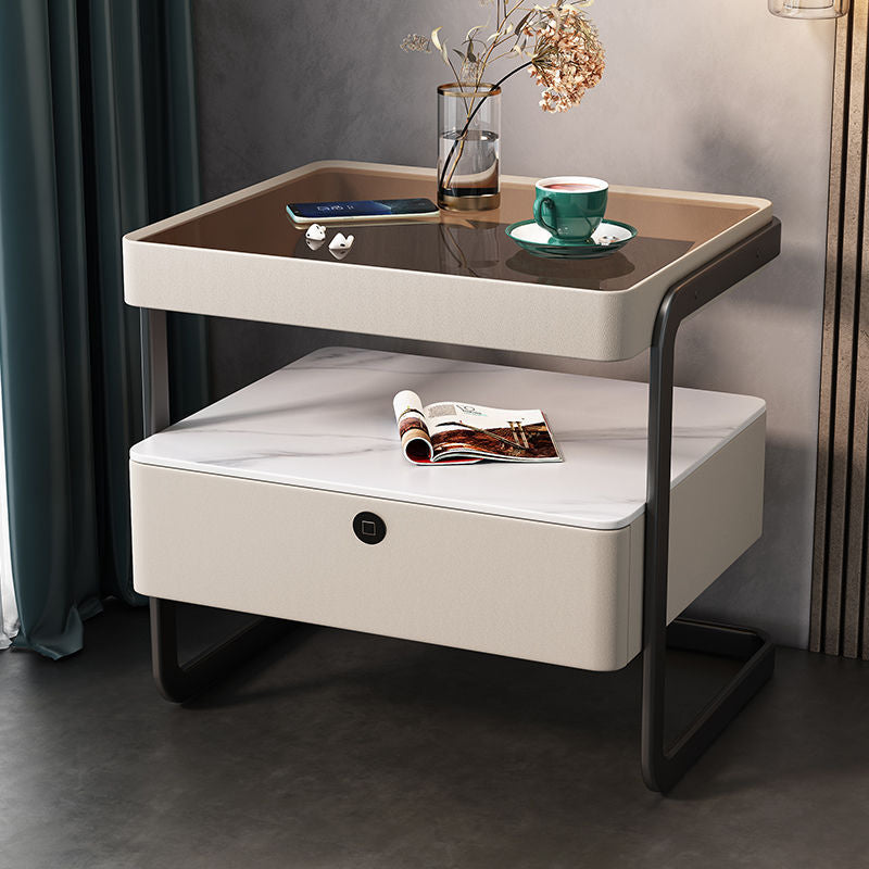Table de nuit moderne minimaliste rectangulaire en verre trempé avec serrure et 1 tiroir pour chambre 