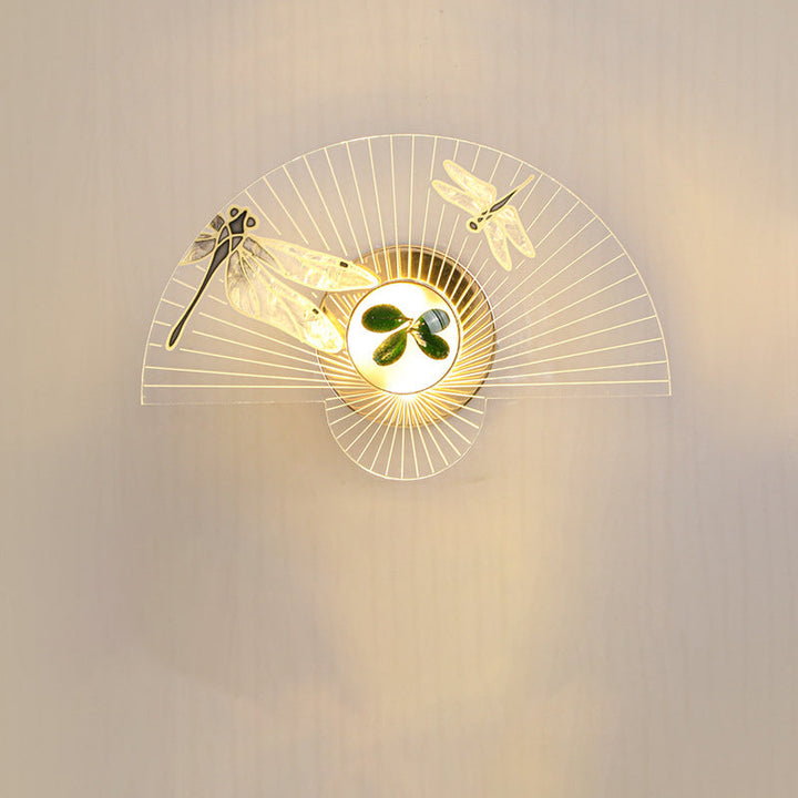 Contemporary Creative Fan-Shaped Acrylic Sunflower Dragonfly Decor LED Wall Sconce Lamp For Living Room