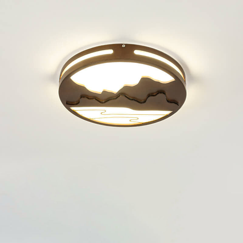 Modern Chinese Wooden Round Mountain Design LED Flush Mount Ceiling Light