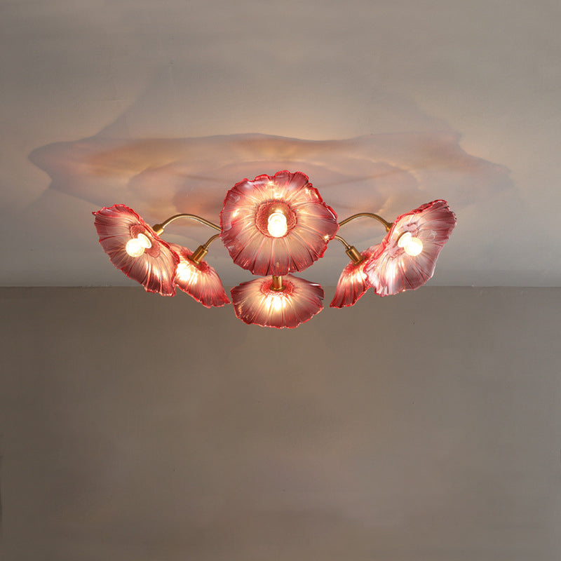 Traditional Vintage Gold Finish Frame Flower Glass Shade 6-Light Semi-Flush Mount Ceiling Light For Bedroom