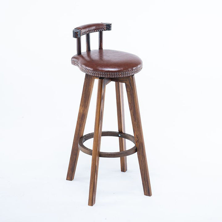 Tabouret de bar pivotant contemporain rétro rond en similicuir avec pieds en bois, dossier bas et repose-pieds pour salle à manger 