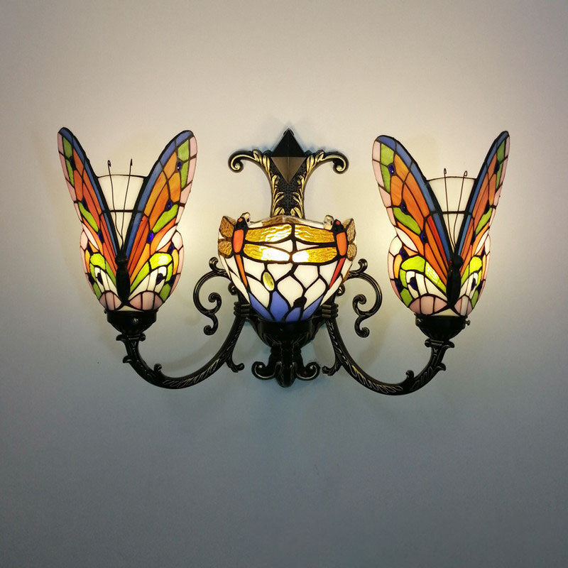 Traditional Tiffany European Butterfly Stained Glass 3-Light Wall Sconce Lamp For Hallway