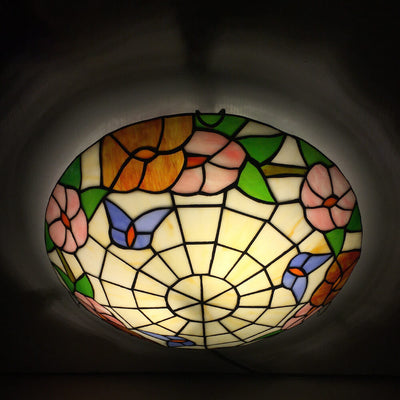 Traditional Tiffany Round Shell Bead Stained Glass 2-Light Flush Mount Ceiling Light For Hallway