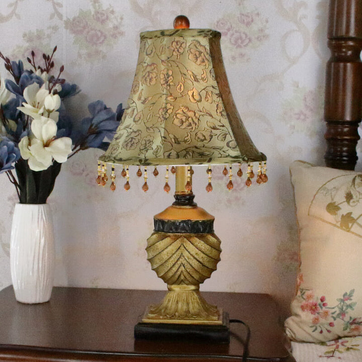 Traditional European Orb Stripe Carved Base Resin Fabric 1-Light Table Lamp For Bedroom