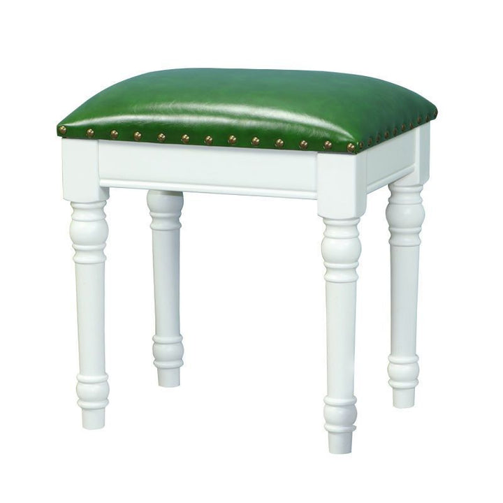 Tabouret de coiffeuse sans dossier ni accoudoirs en bois massif, cuir synthétique et lin carré scandinave contemporain pour chambre 