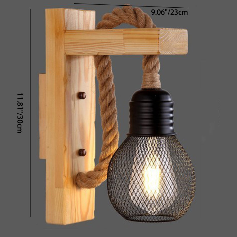Lámpara de Aplique de Pared de 1 Luz con Colgante Cúbico de Vidrio de Hierro con Cuerda de Cáñamo de Madera Industrial Contemporánea para Pasillo 
