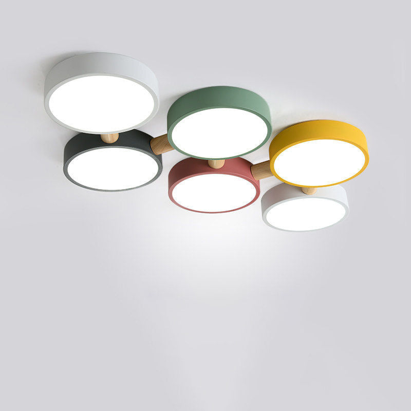 Plafonnier LED moderne scandinave macaron fer géométrique rond abat-jour en bois pour chambre à coucher 