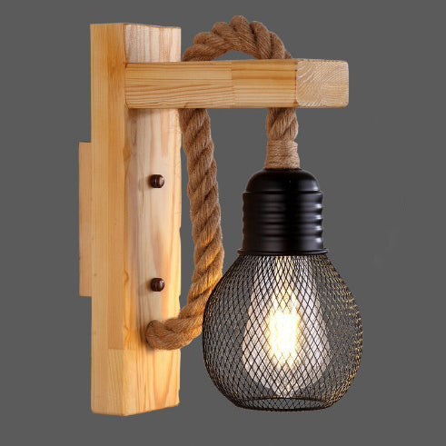 Lámpara de Aplique de Pared de 1 Luz con Colgante Cúbico de Vidrio de Hierro con Cuerda de Cáñamo de Madera Industrial Contemporánea para Pasillo 