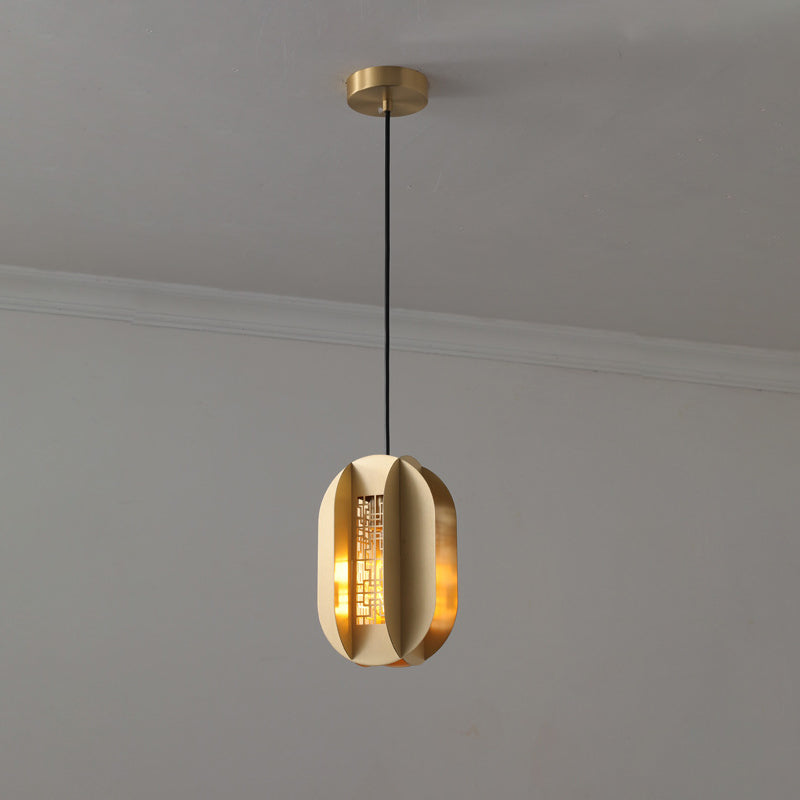Traditional Chinese Copper Glass Cylinder Elliptical Hollow 1/3/6 Light Chandelier For Entryway