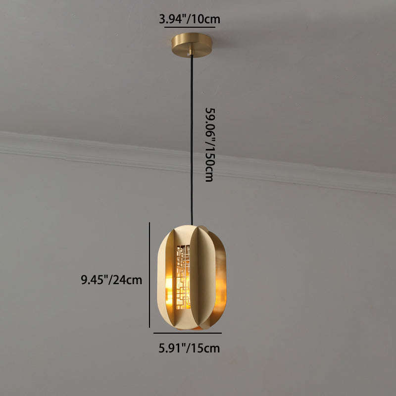 Traditional Chinese Copper Glass Cylinder Elliptical Hollow 1/3/6 Light Chandelier For Entryway