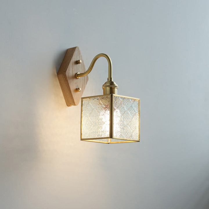 Applique Murale Traditionnelle Vintage Carrée en Verre de Cuivre et Bois à 1 Lumière pour Chambre 