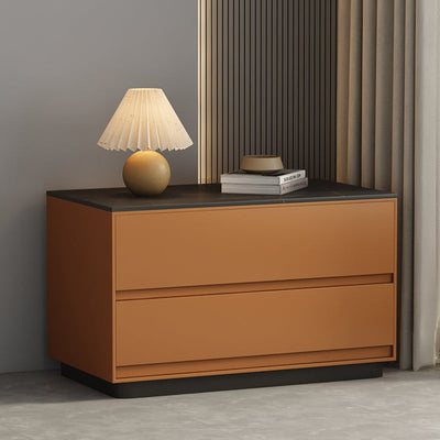 Table de nuit moderne minimaliste rectangulaire en bois massif avec dalle de pierre à 2 tiroirs pour chambre 