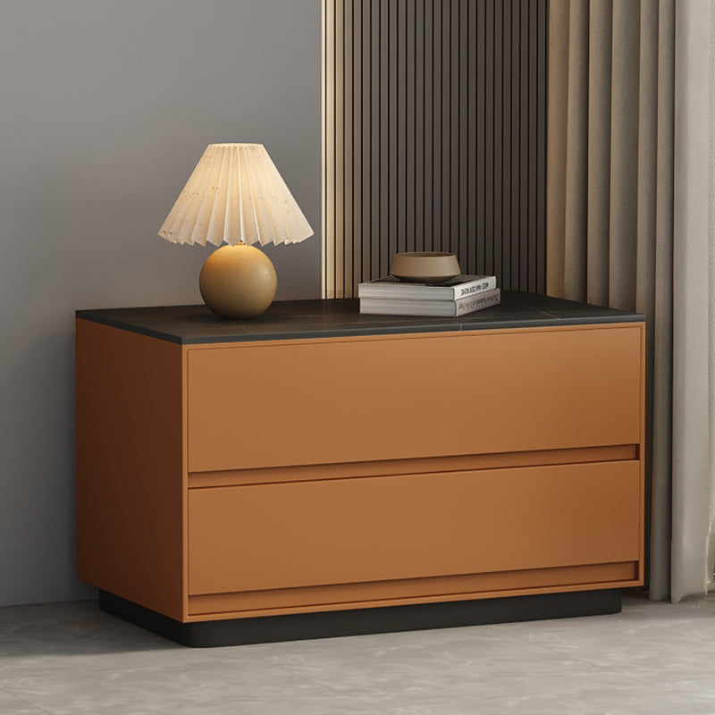 Table de nuit moderne minimaliste rectangulaire en bois massif avec dalle de pierre à 2 tiroirs pour chambre 