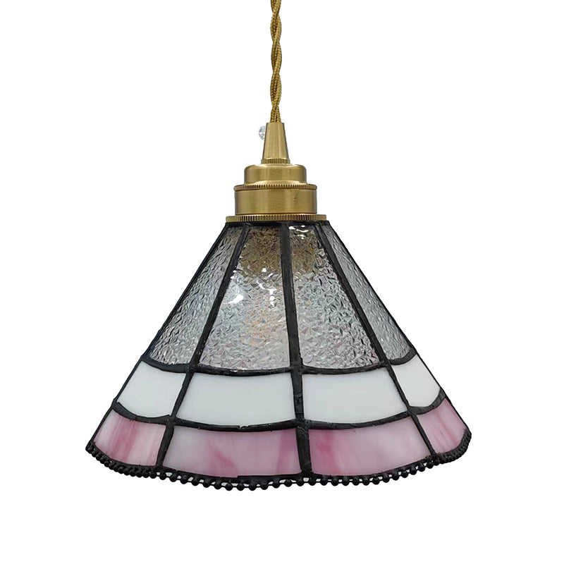 Lustre suspendu traditionnel vintage en laiton, verre, cylindre quadripartite, corne, treillis, à 1 lumière pour salle à manger 