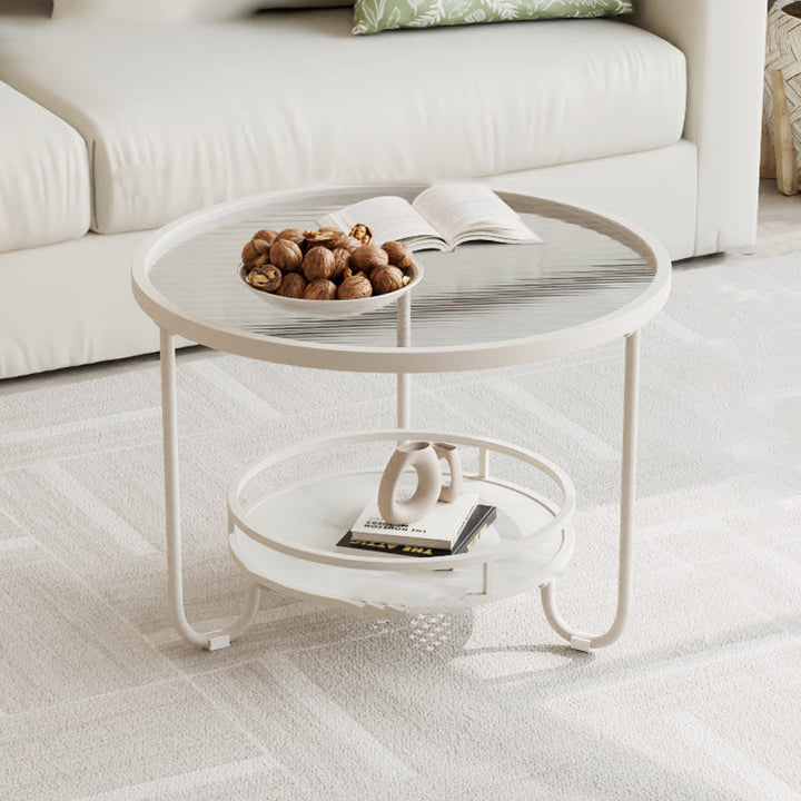 Table basse ronde en verre strié à la simplicité moderne, à deux niveaux, pour le salon 