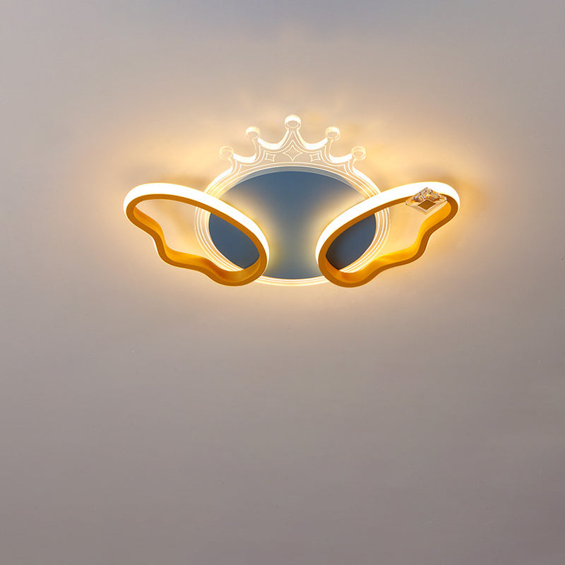 Modern Art Deco Butterfly Crown Round Acrylic Iron LED Flush Mount Ceiling Light For Bedroom