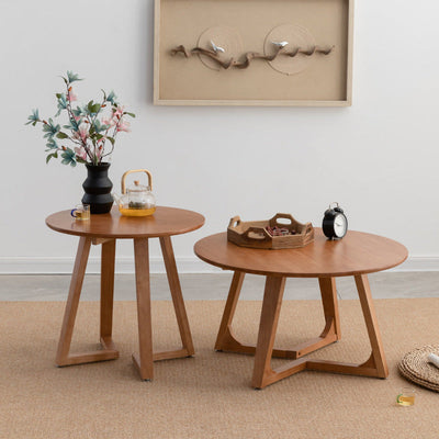 Table basse contemporaine en bois rond avec pieds en V pour salon 