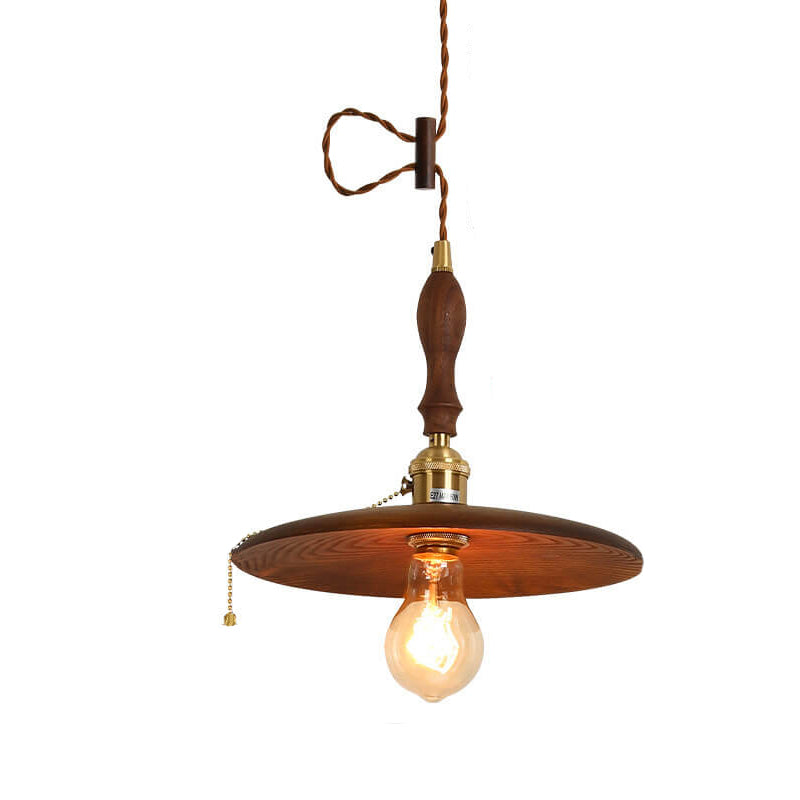 Contemporary Retro Ash Wood Copper Round Dish Irregular Grain 1-Light Pendant Light For Dining Room