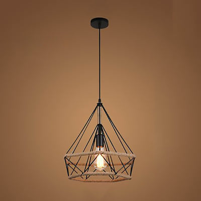 Luz colgante de 1 luz con hoja de sakura de diamante de vegetación simulada de cuerda de cáñamo de hierro retro contemporáneo para comedor 