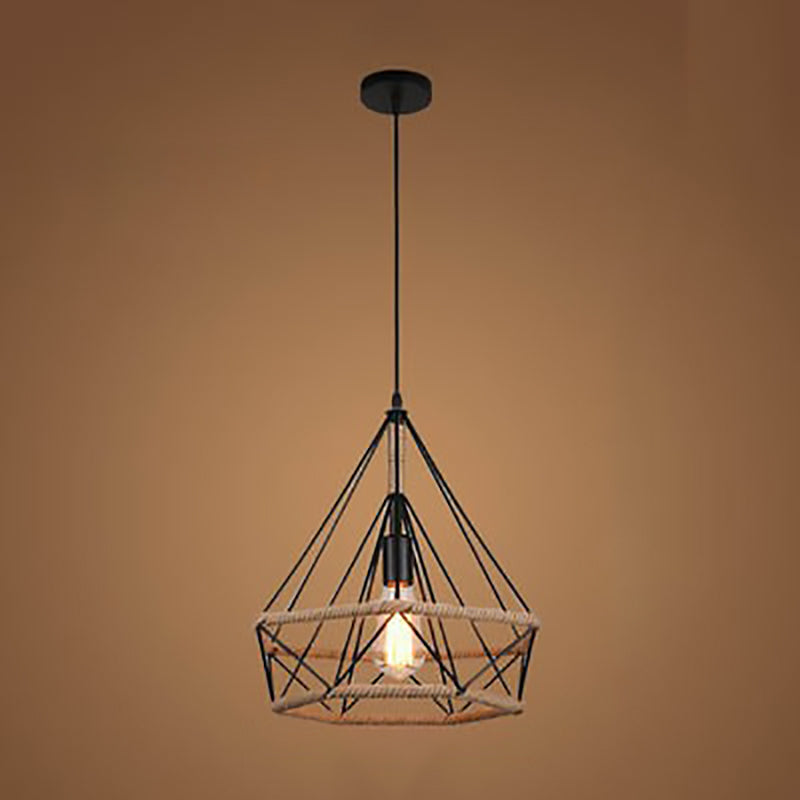 Luz colgante de 1 luz con hoja de sakura de diamante de vegetación simulada de cuerda de cáñamo de hierro retro contemporáneo para comedor 