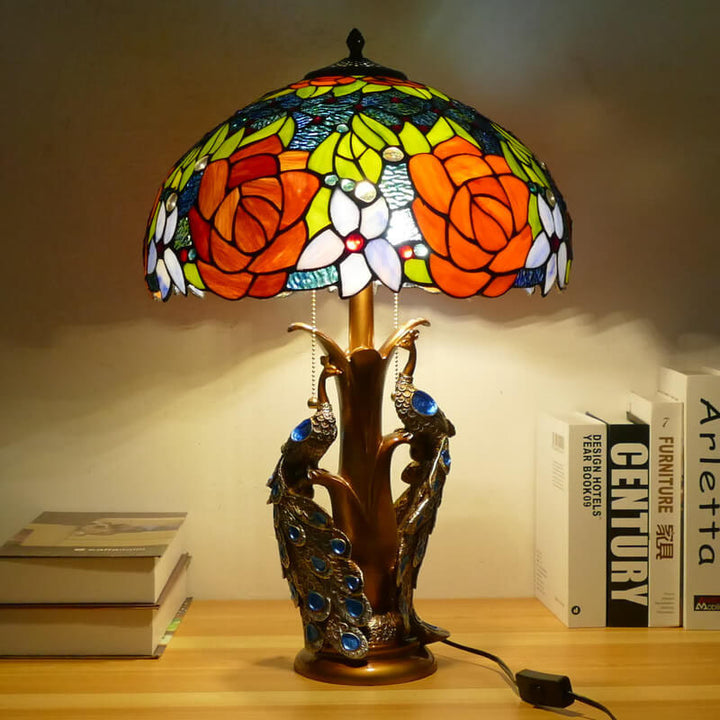Traditional Tiffany Stained Glass Resin Dome Peacock Base 2-Light Table Lamp For Bedroom