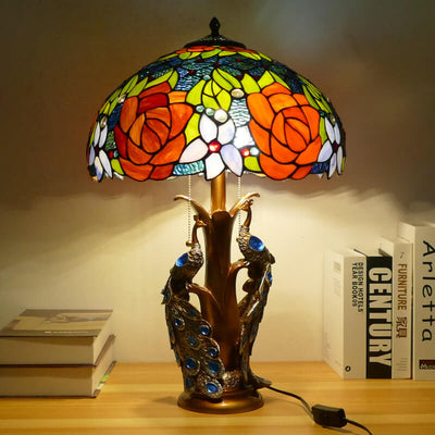 Vintage Tiffany Stained Glass Dome Peacock Base 2-Light Table Lamp