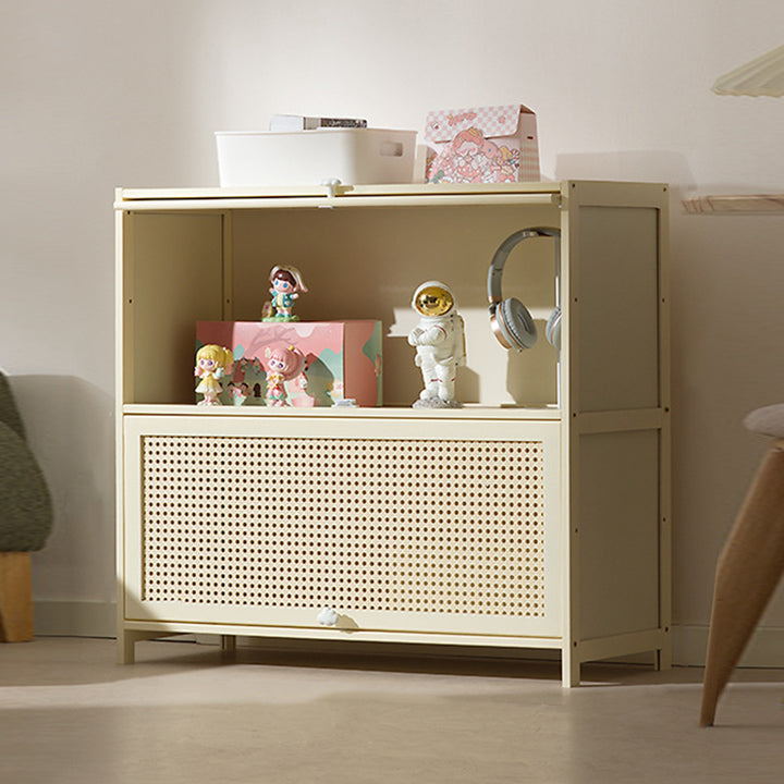 Armoire de rangement rectangulaire blanche en MDF bambou au design moderne et épuré, avec porte rabattable en rotin, 2 à 5 niveaux, pour salon et bureau 
