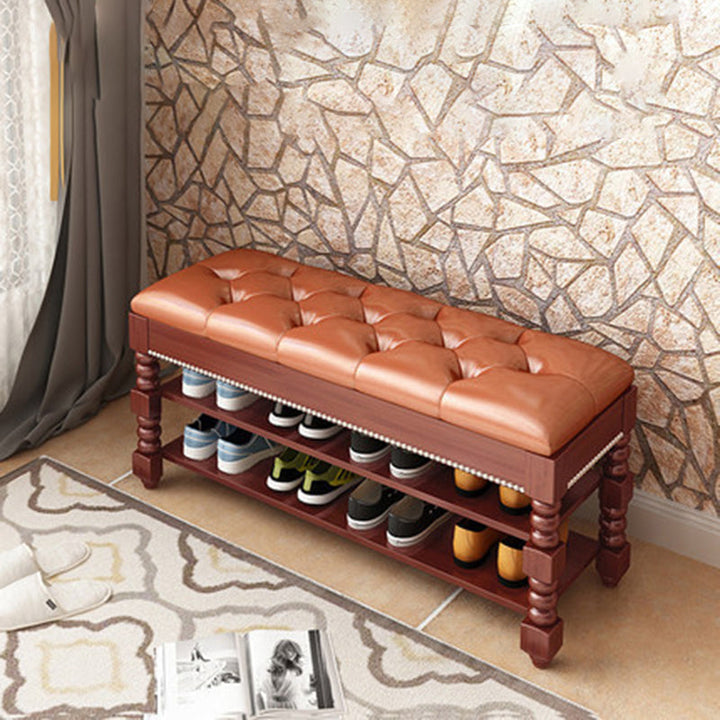 Traditioneller Vintage Rechteckiger Runder Ball Mikrofaser Leder Massivholz Schuhablage 2-Regal Für Eingangsbereiche 