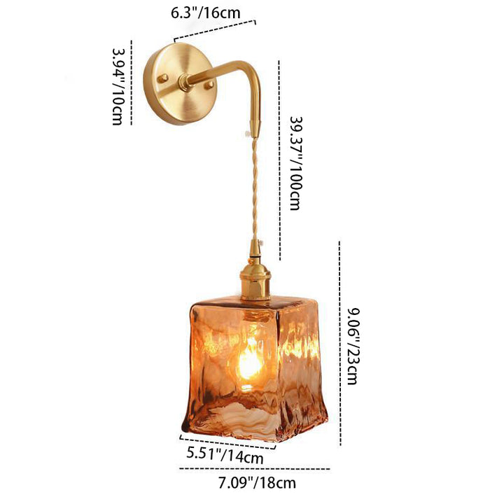 Modern Minimalist Eclectic Amber Glass Brass Iron Geometric 1-Light Wall Sconce Lamp For Living Room