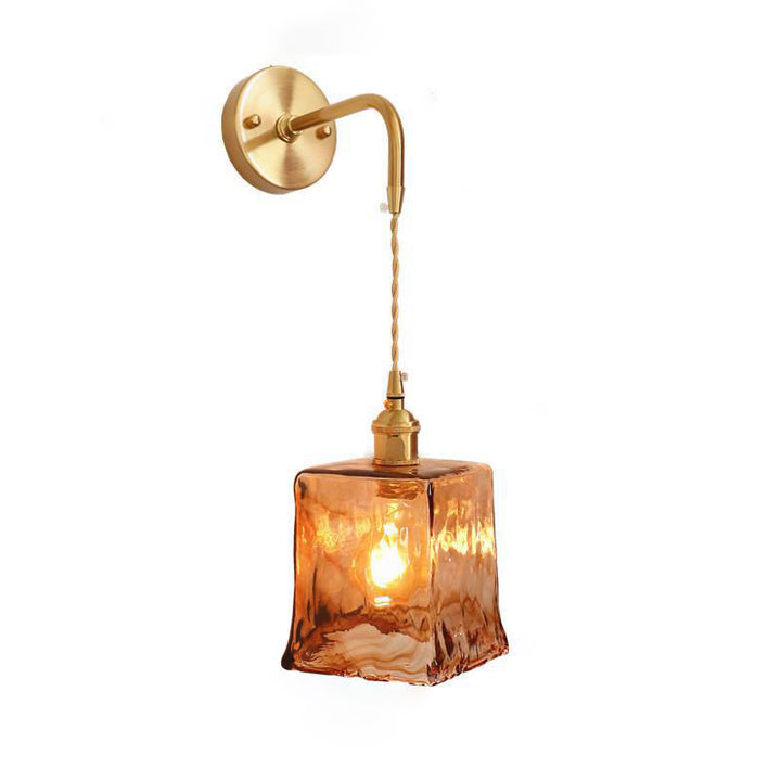 Modern Minimalist Eclectic Amber Glass Brass Iron Geometric 1-Light Wall Sconce Lamp For Living Room