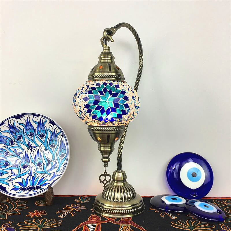 Traditional Vintage Handmade Stained Glass Metal Jar Swan 1-Light Table Lamp for Living Room