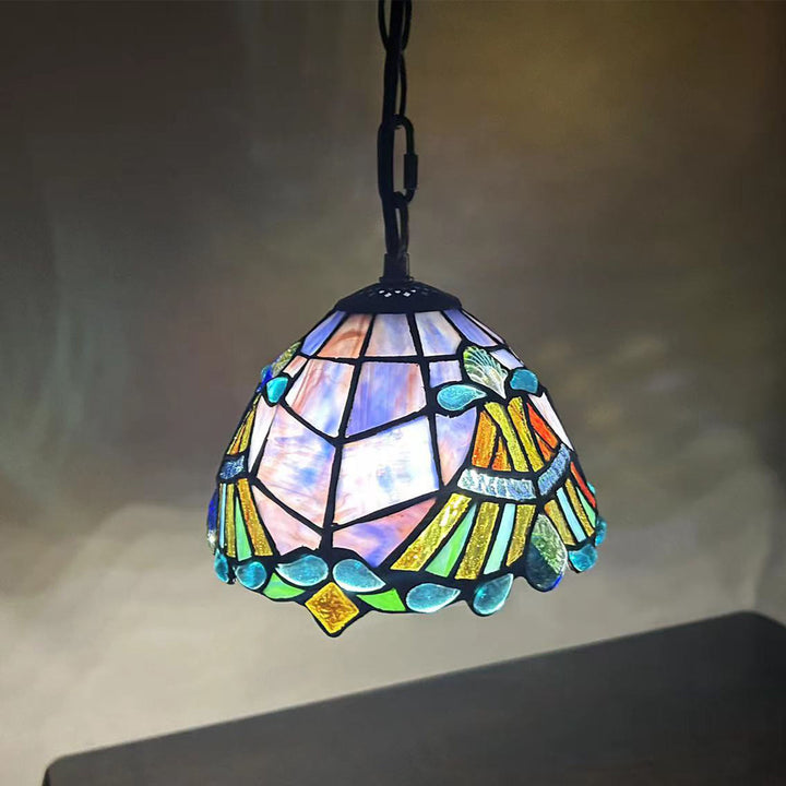 Suspension à 1 lumière en verre teinté zinc baroque pétunia en forme de dôme rond traditionnel Tiffany pour salon 