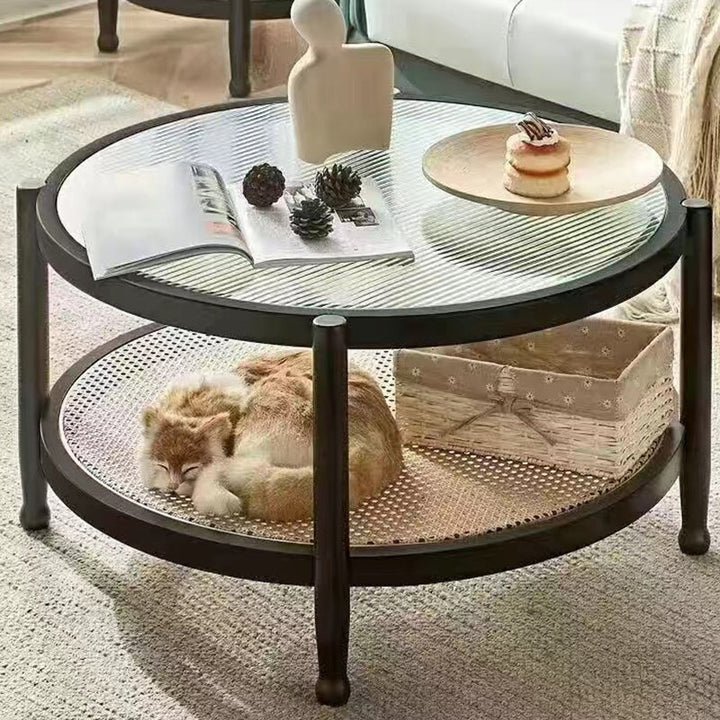 Table basse ronde minimaliste moderne en hévéa avec plateau en verre et faux rotin, à 2 niveaux, pour salon 