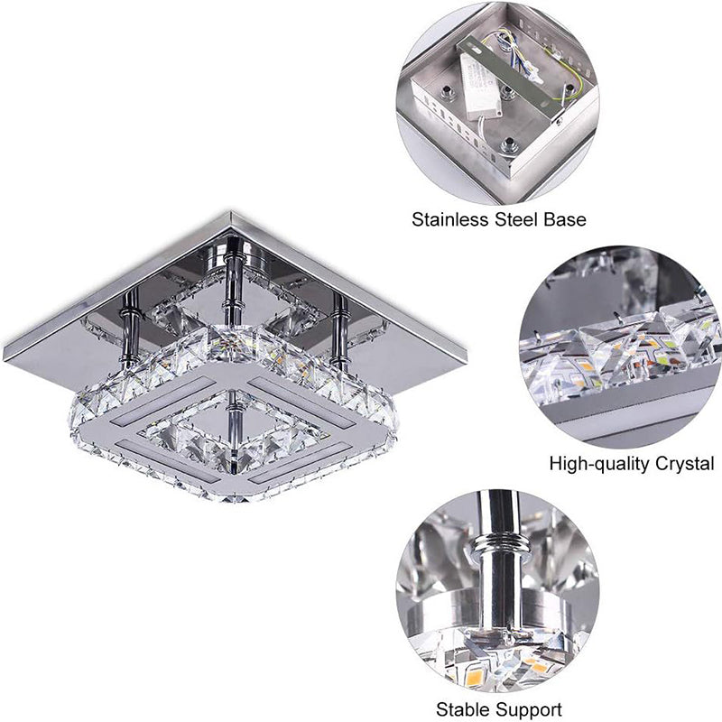 Lustre carré contemporain en acier inoxydable de luxe avec décoration en cristal LED pour plafond encastré pour salon 