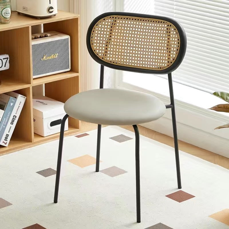 Contemporary Nordic Round PU Leather Wood Rattan Chair Backrest For Living Room