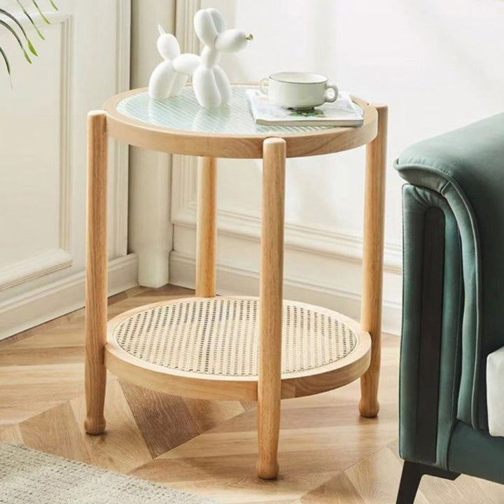 Modern Minimalist Round Horizontal Strip Glass Plastic Rattan Rubberwood Coffee Table 2-Tier For Living Room