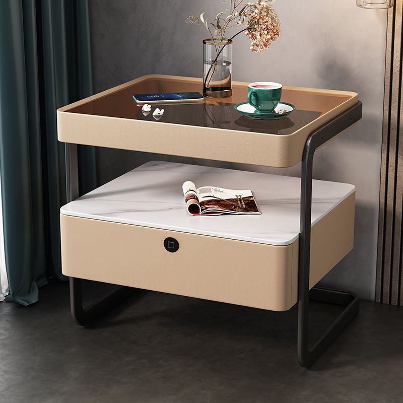 Table de nuit moderne minimaliste rectangulaire en verre trempé avec serrure et 1 tiroir pour chambre 