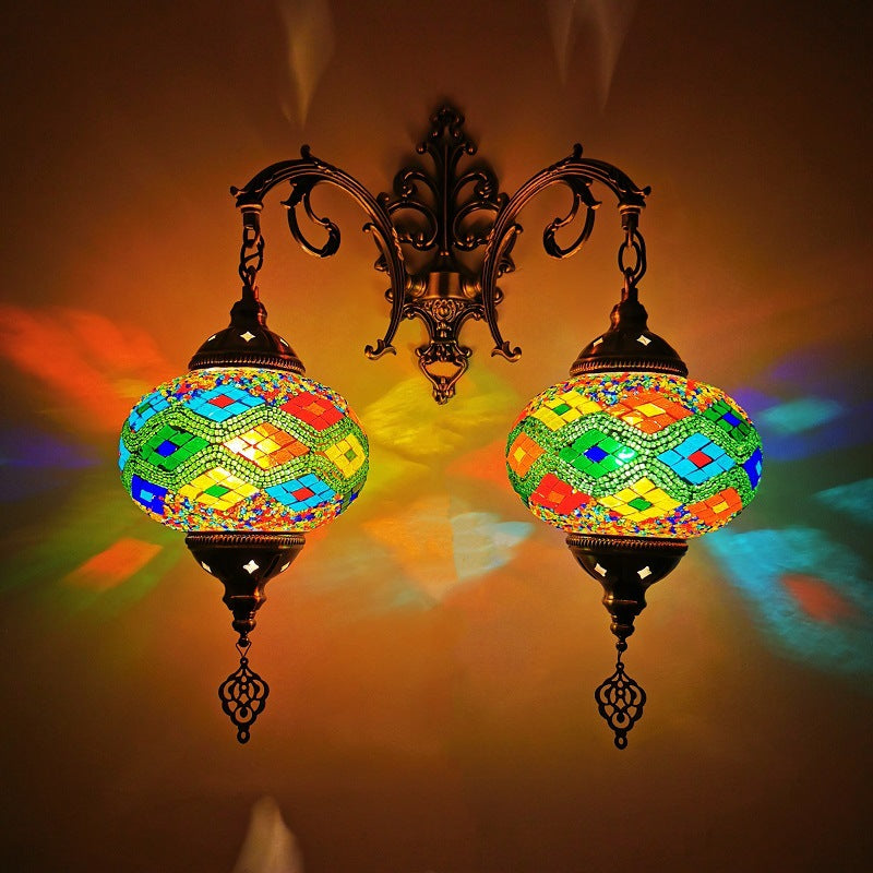 Tiffany Decorative Lantern Hardware Stained Glass 2-Light Wall Sconce Lamp
